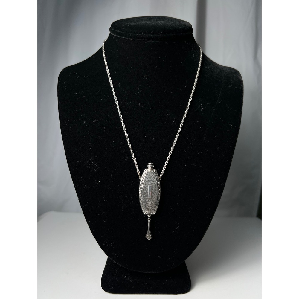 VTG Art Deco Sterling Silver Hammered Perfume Bottle Pendant Necklace and Dauber